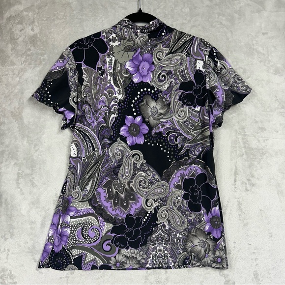 Dressbarn Paisley Dark Floral Puff Sleeve Y2K High Neck Blouse Sz XL - Picture 6 of 7